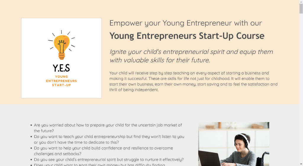 Landing Page for Young Entrepreneurs Start-Up Course